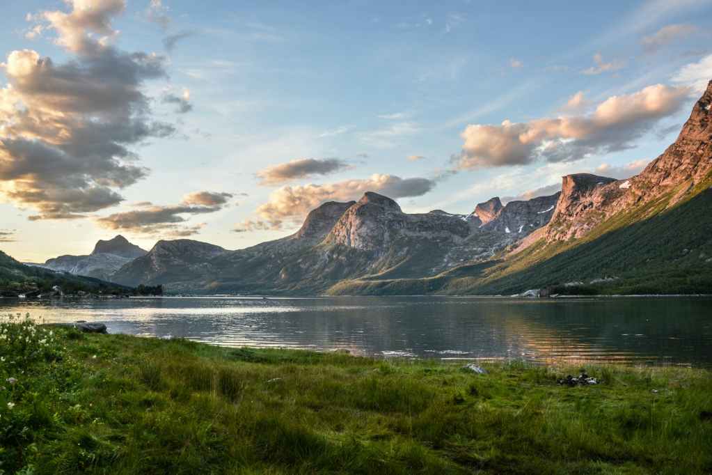 mountain and lake at sunset
