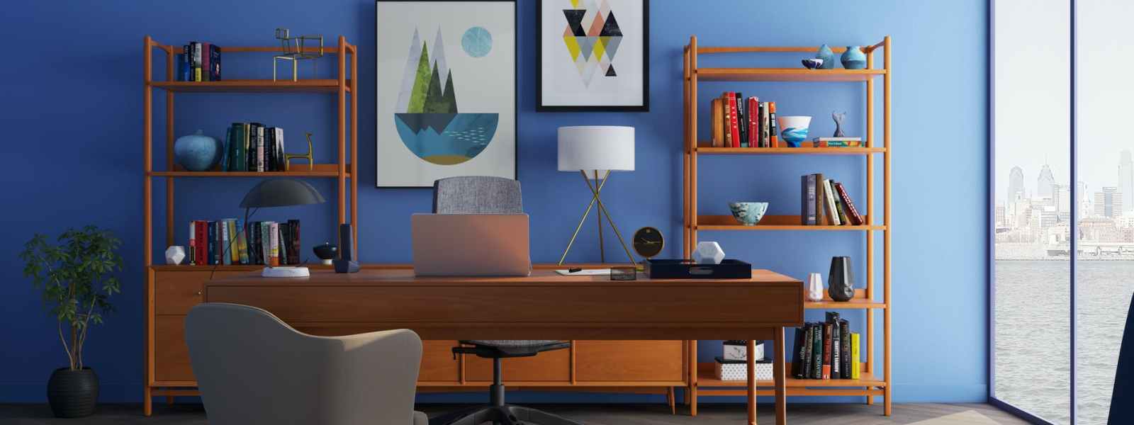 brown wooden desk with rolling chair and shelves near window