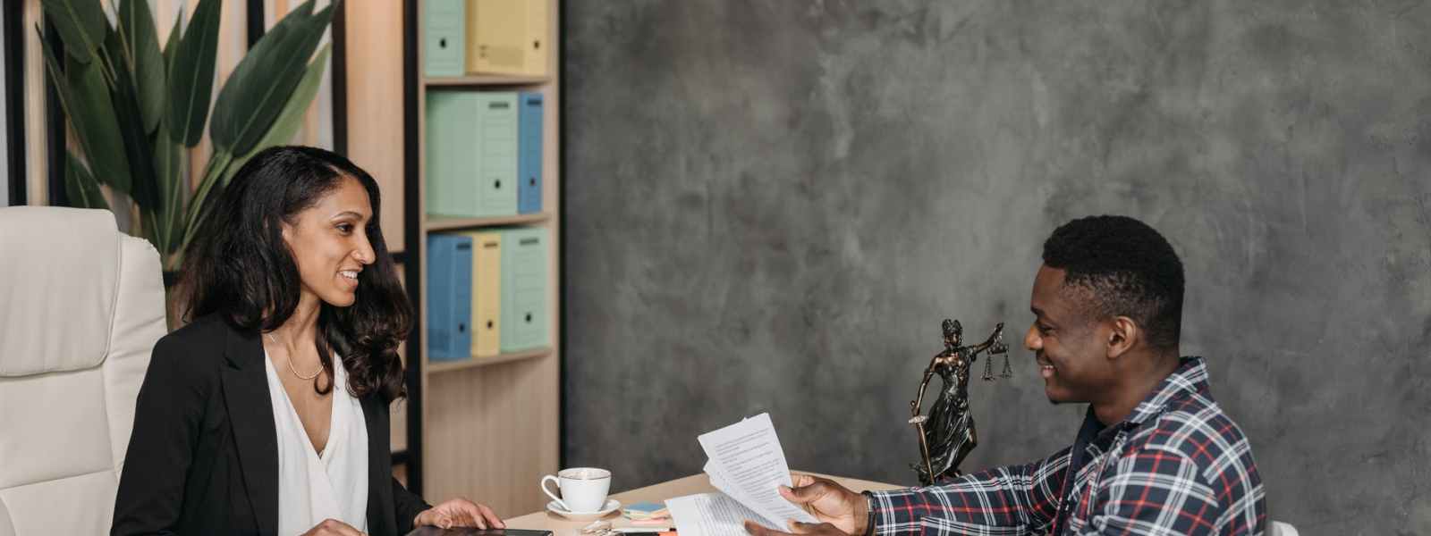 a woman and man talking together